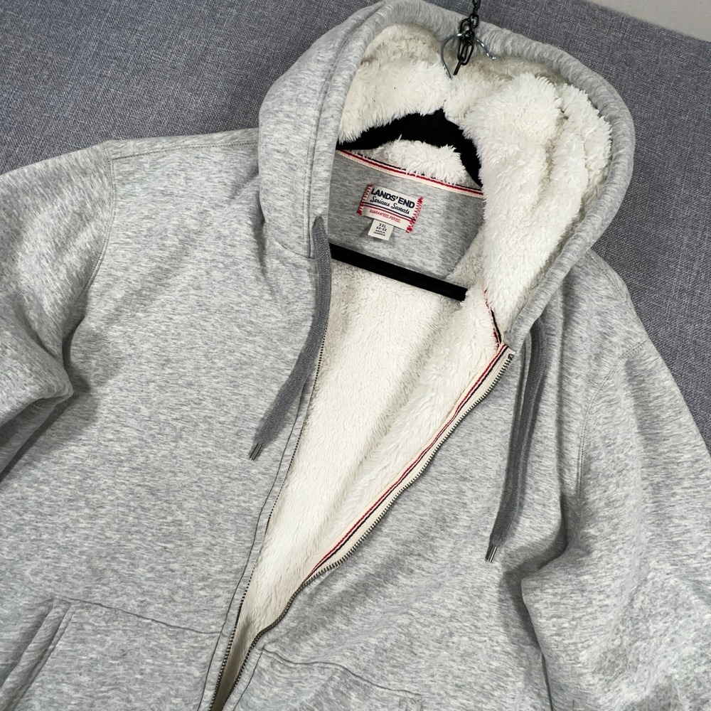 Lands End Serious Sweats Hoodie Mens XXL Gray Sherpa Lined Full Zip Heavyweight